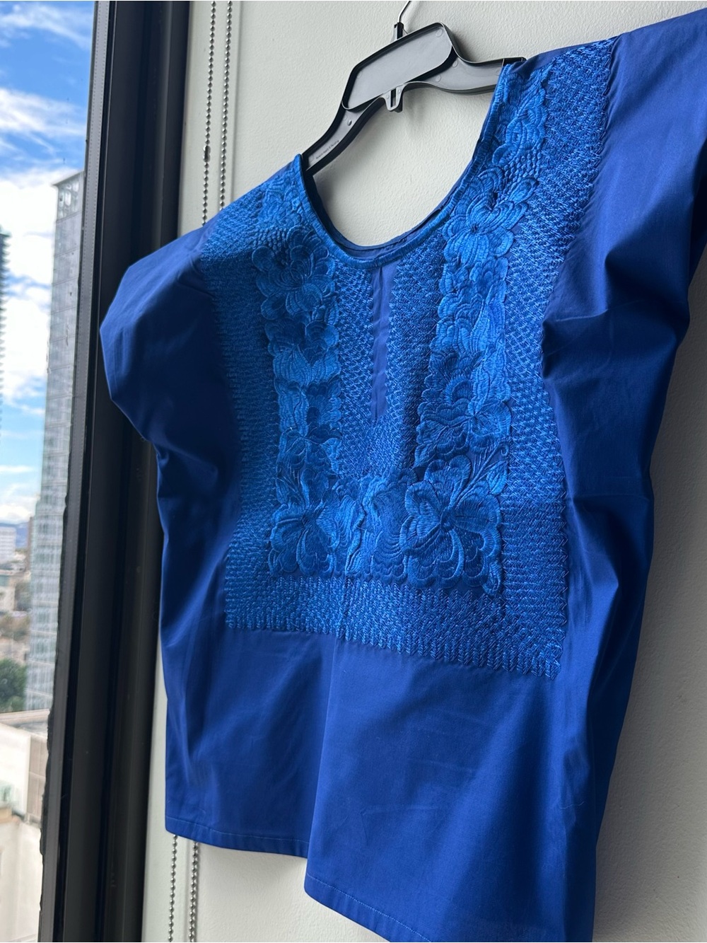 Embroidered women’s shirt Size L Royal Blue traditional Mexican Handmade Huipil.